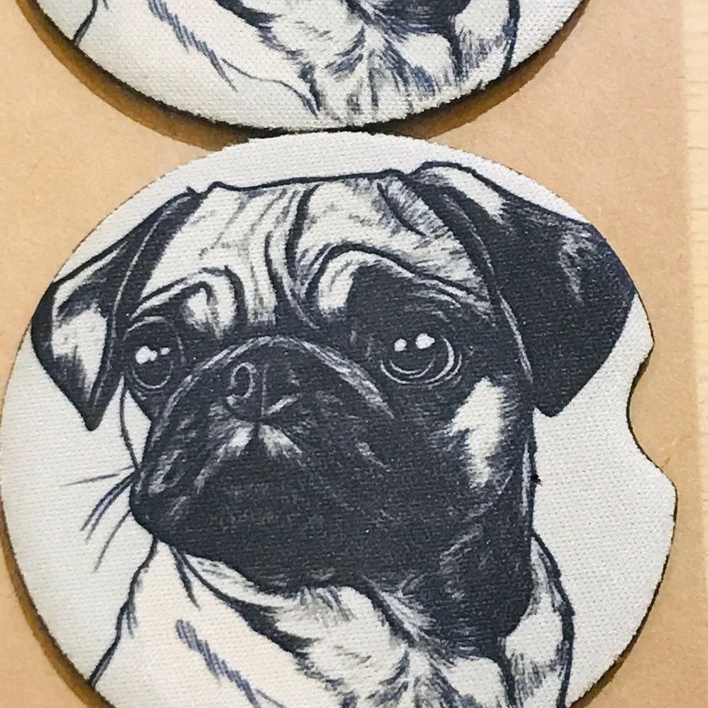 Pug Design Dog Neoprene Car Coasters Set - Handmade
